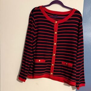 Talbots Red and Navy Striped Cardigan